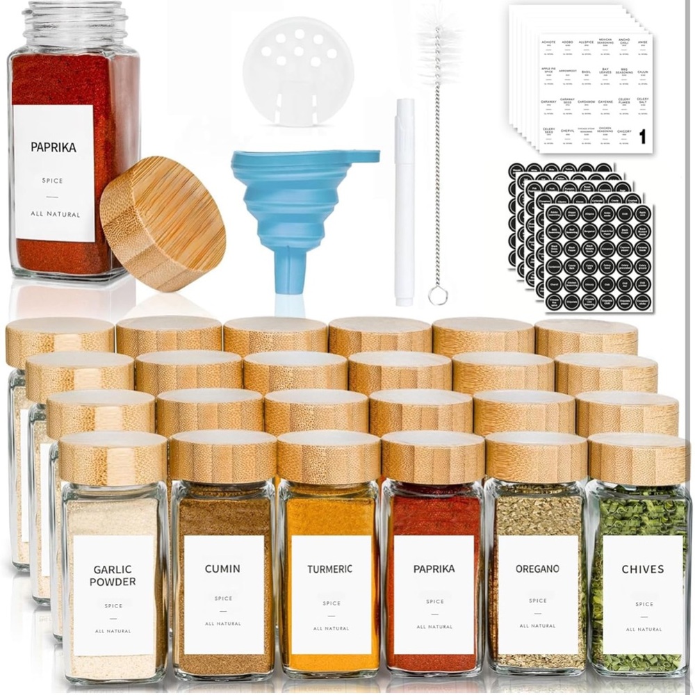 Bamboo Lid Spice Jar Set with Labels
